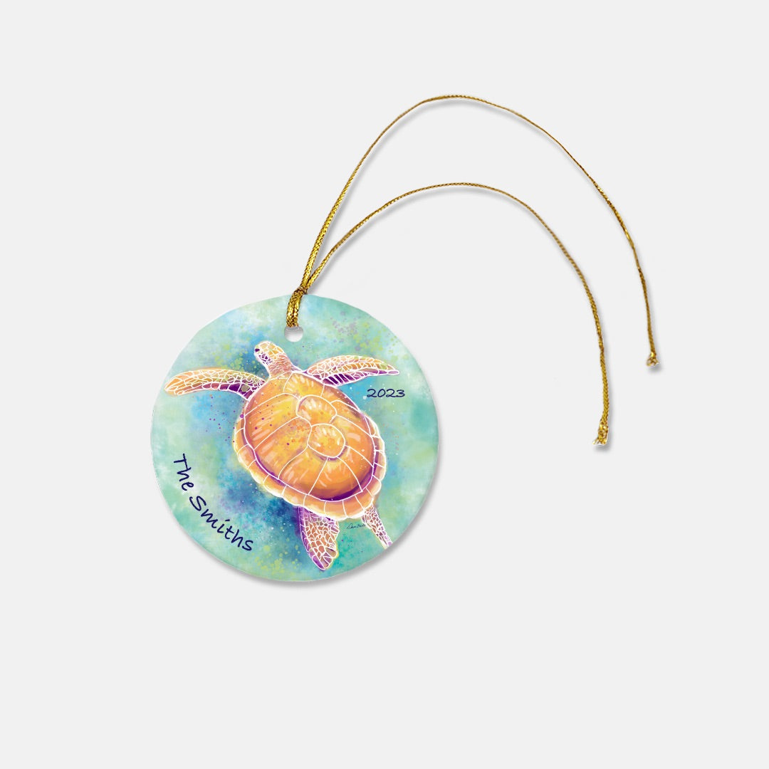 Personalized Sea Turtle 3" Round Ceramic Christmas Ornament