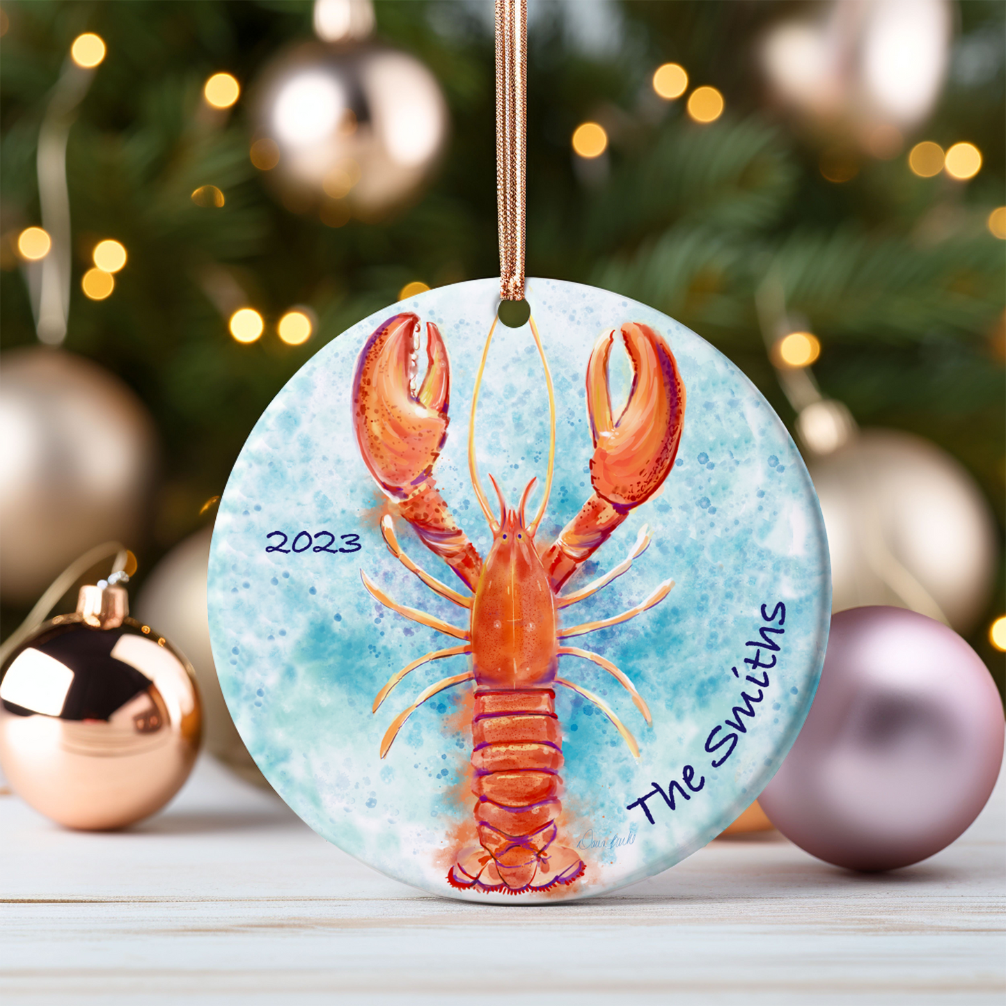 Personalized Lobster 3" Round Ceramic Christmas Ornament
