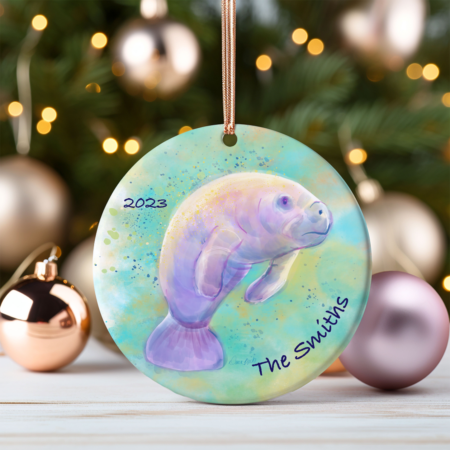 Personalized Manatee 3" Round Ceramic Christmas Ornament
