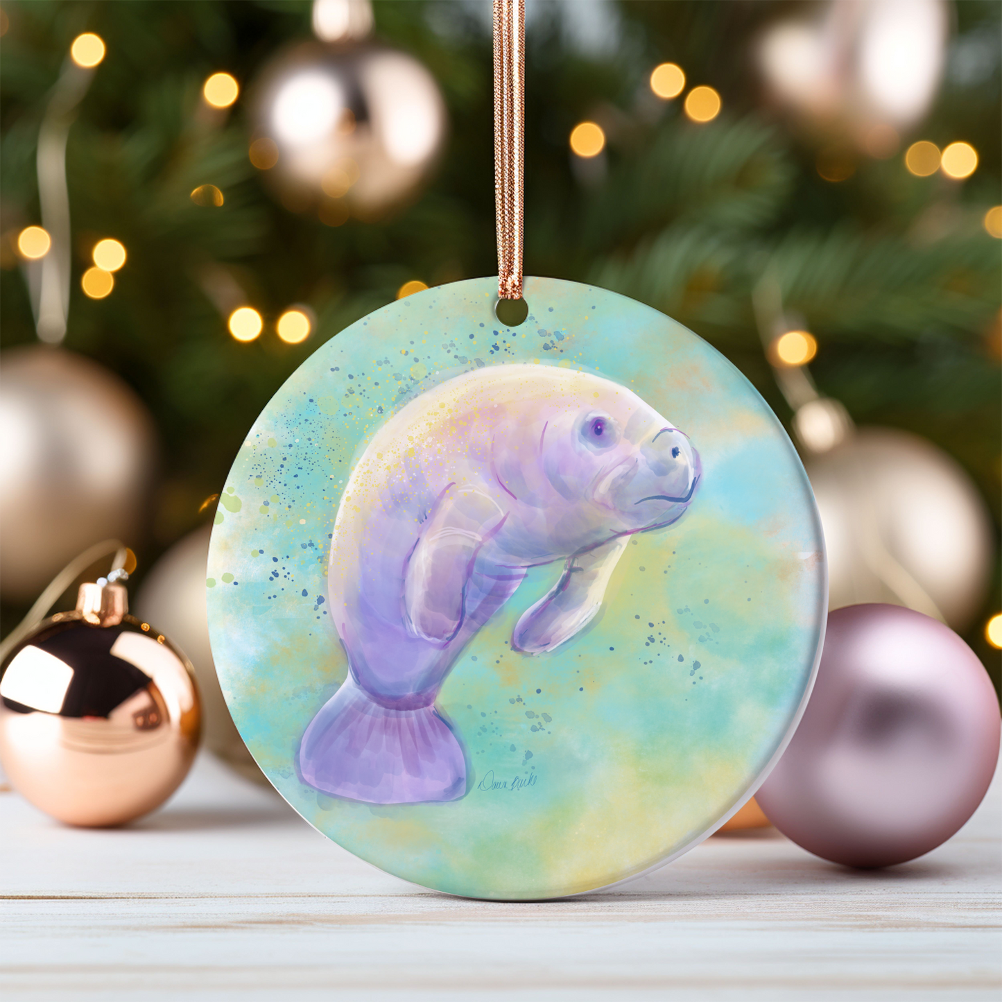 Manatee 3" Round Ceramic Christmas Ornament