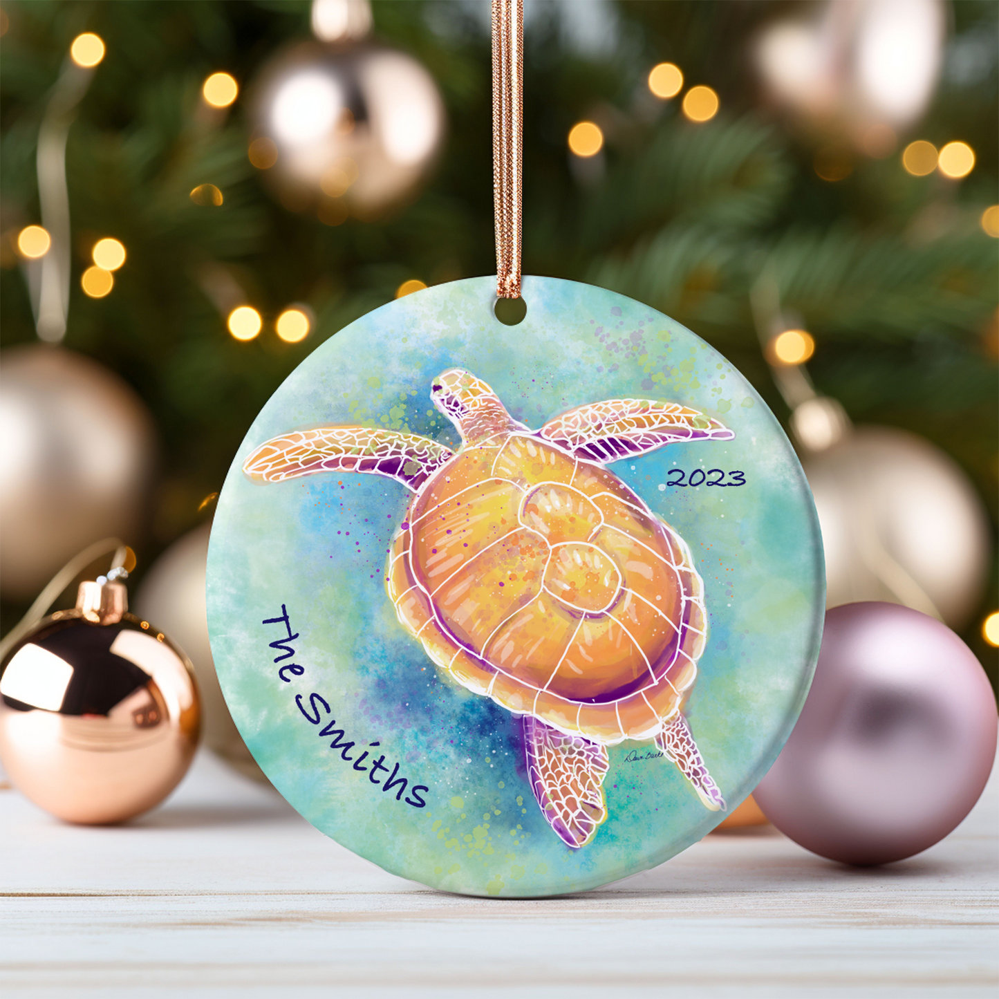 Personalized Sea Turtle 3" Round Ceramic Christmas Ornament
