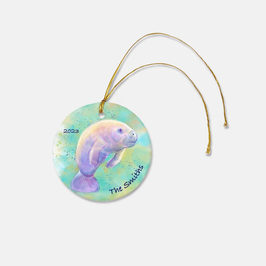 Personalized Manatee 3" Round Ceramic Christmas Ornament