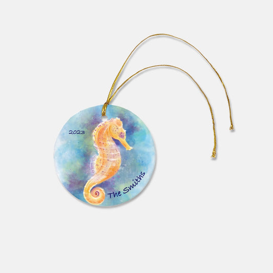 Personalized Seahorse 3" Round Ceramic Christmas Ornament